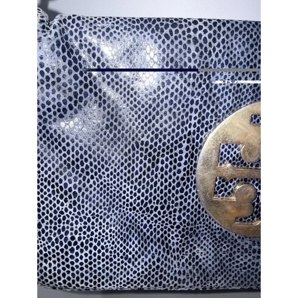 Tory Burch‎ Reva Clutch Blue Leather Snakeskin Print Chain Handbag Bag L